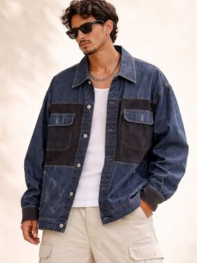 Y2K Icewear Denim Jacket Faux Suede Patchwork Statement Oversized Sz L
